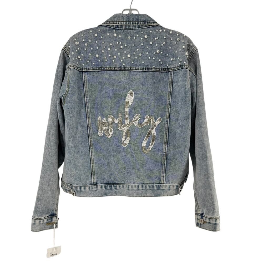 Heirloom Bridal Wifey Blue Jean Denim Jacket Pearl Beaded Seed Beading Small NEW